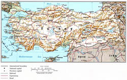 Detailed political map of Turkey with relief.