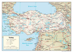 Large detailed political map of Turkey with relief, roads and major cities - 2006.