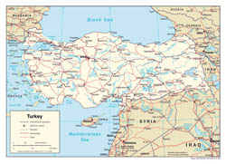 Large detailed political map of Turkey with roads and major cities - 2006.