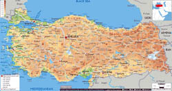 Large physical map of Turkey with roads, cities and airports.