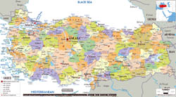 Large political and administrative map of Turkey with roads, cities and airports.