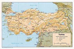 Large political map of Turkey with relief - 1983.
