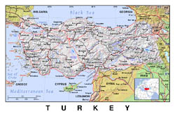 Political map of Turkey with relief.