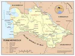 Large detailed political and administrative map of Turkmenistan with major cities, roads and airports.