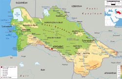 Large physical map of Turkmenistan with roads, cities and airports.