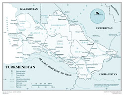 Large political and administrative map of Turkmenistan with major cities, roads and airports.