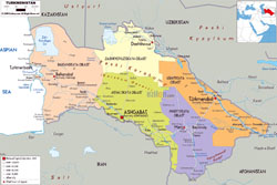 Large political and administrative map of Turkmenistan with roads, cities and airports.