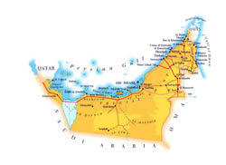 Detailed elevation map of UAE with roads, cities and airports.