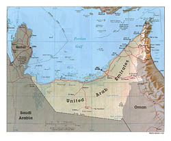 Detailed political map of UAE with relief, roads and cities - 1995.
