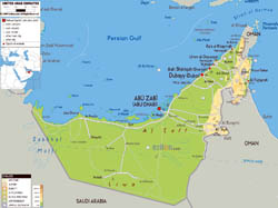 Large physical map of UAE with all roads, cities and airports.