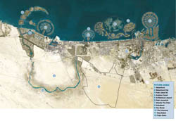 Detailed tourist satellite map of Dubai with legend.