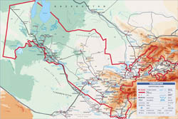 Large detailed elevation map of Uzbekistan with all roads, cities and airports.