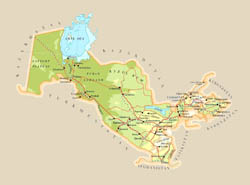 Large elevation map of Uzbekistan with roads, cities and airports.