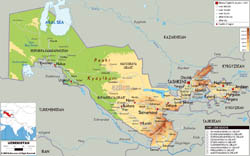 Large physical map of Uzbekistan with roads, cities and airports.