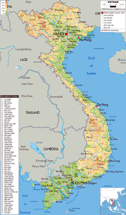 Large physical map of Vietnam with all roads, cities and airports.