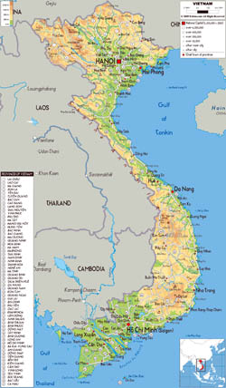 Large physical map of Vietnam with all roads, cities and airports.