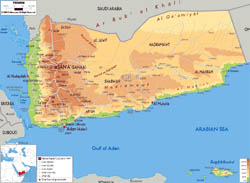Large physical map of Yemen with all roads, cities and airports.