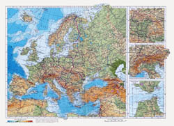 Detailed physical map of Europe in Russian.