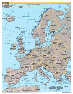 Detailed political map of Europe with relief - 2002.