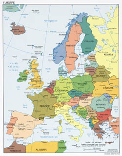 Large detailed political map of Europe with capitals and major cities - 2008.