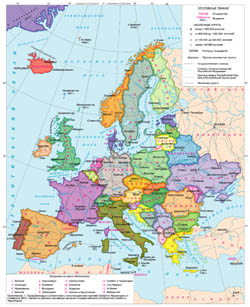 Large detailed political map of Europe with capitals and roads in russian.