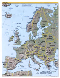 Large detailed political map of Europe with relief, capitals and major cities - 2000.