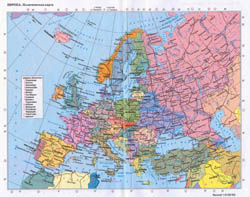 Large detailed political map of Europe with roads and major cities in russian.