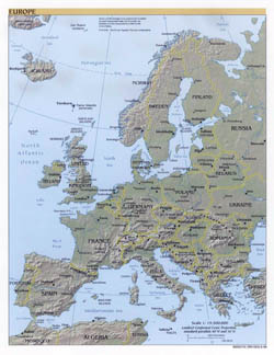 Large political map of Europe with relief - 1999.