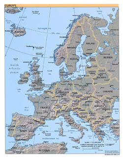 Large political map of Europe with relief and capitals - 2007.