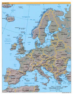 Large political map of Europe with relief and major cities - 2003.