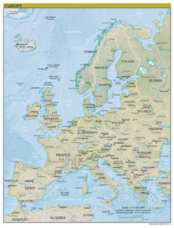 Large scale political map of Europe with relief, capitals and major cities - 2012.