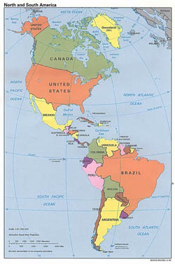 Large detailed political map of North and South America - 1996.