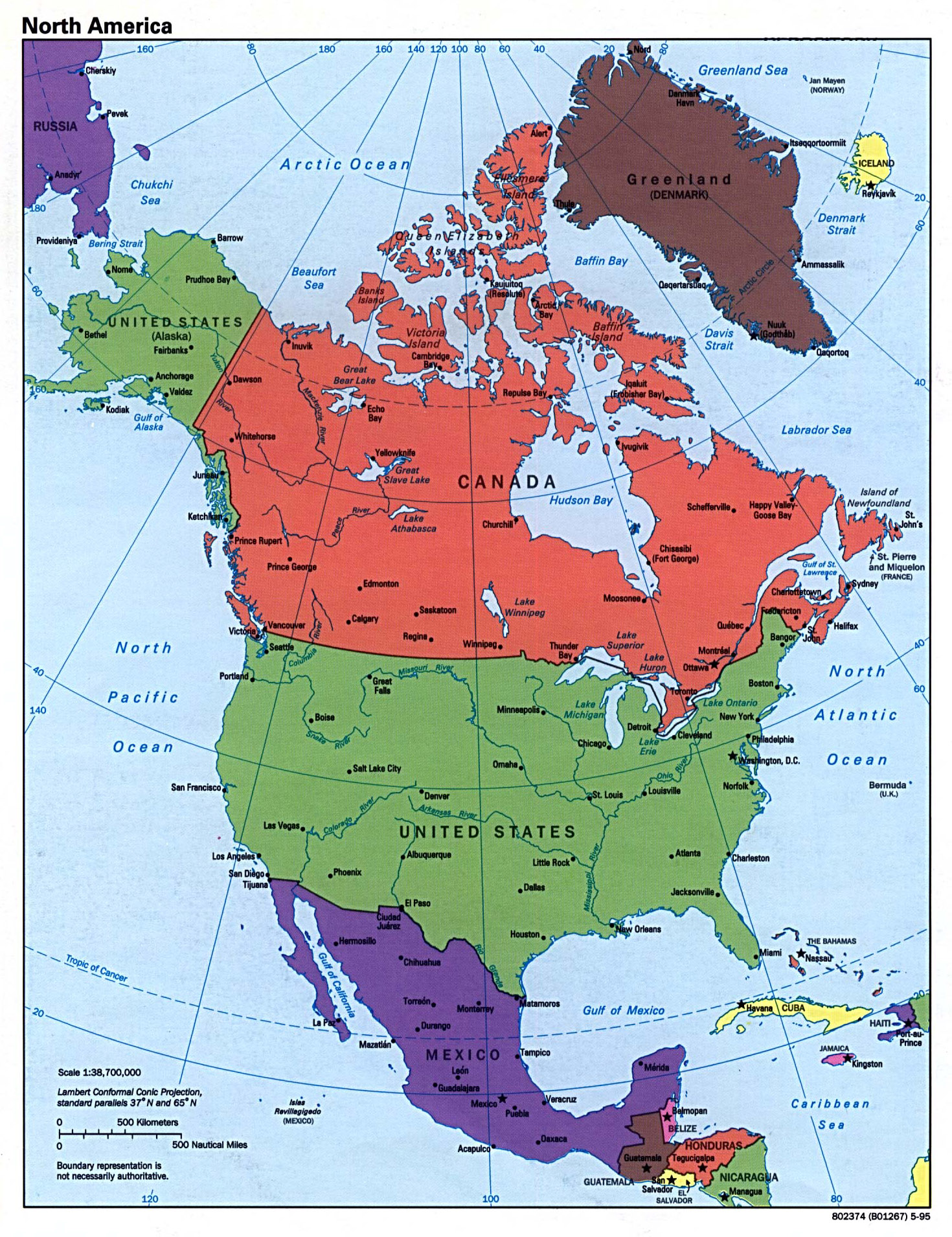 Large Detailed Political Map Of North America 1995 
