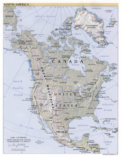 Large political map of North America with relief and capitals - 2001.