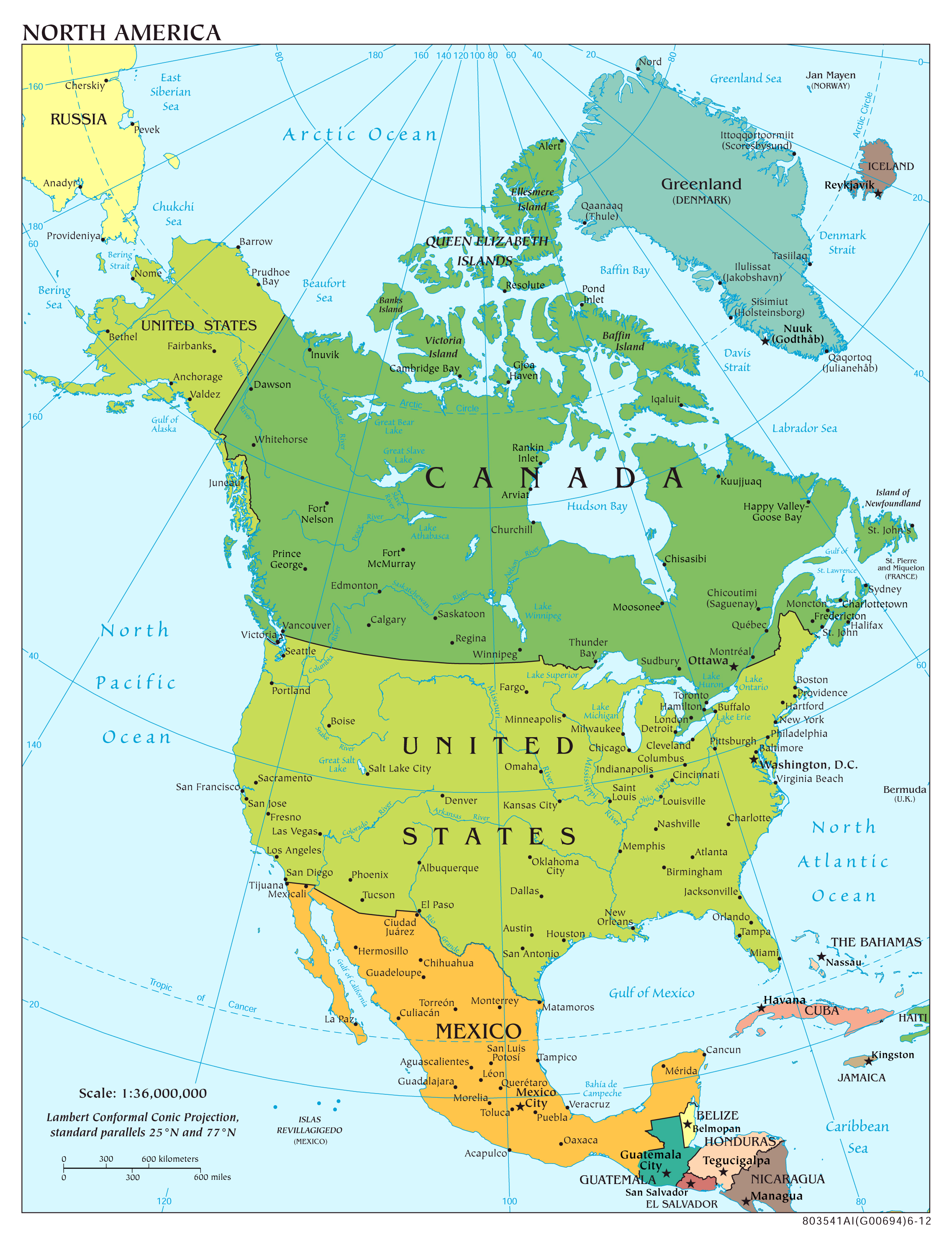 Large Political Map Of North America With Relief And Cities 2000