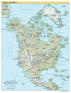 Large scale political map of North America with relief and capitals - 2001.