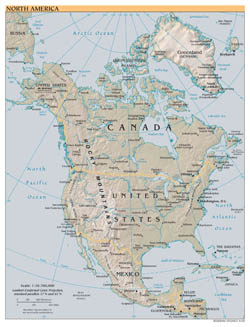 Large scale political map of North America with relief and cities - 2000.