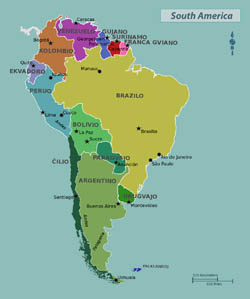 Large political map of South America with capitals.