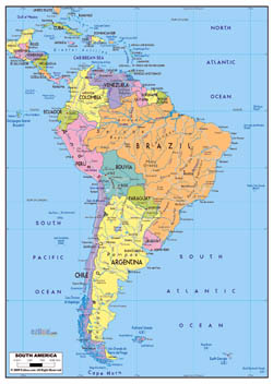 Large political map of South America with roads and major cities.