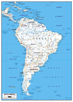 Large road map of South America with major cities.
