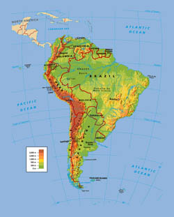 Political and physical map of South America.